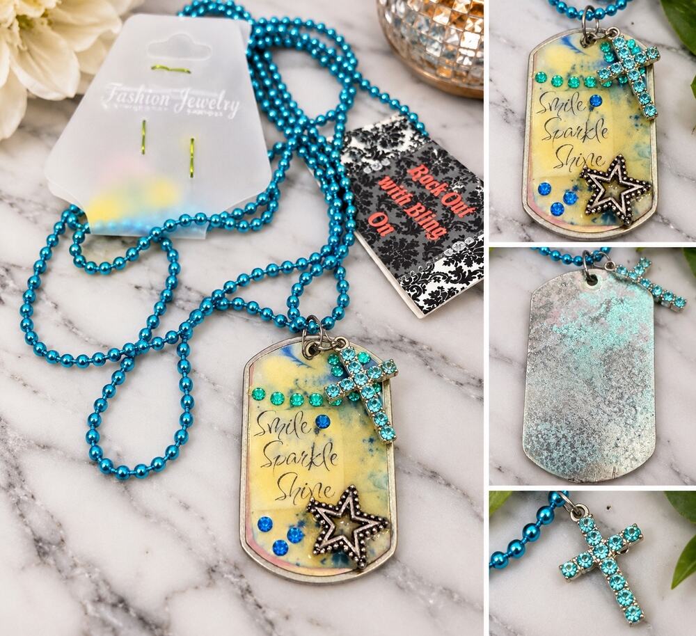Smile Sparkle Shine Dog Tag Necklace Rhinestone Cross Star Blue Y2K Jewelry